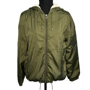 Delia's Army Green Satin Full Zip Front Jacket Size M Faux Fur Lined